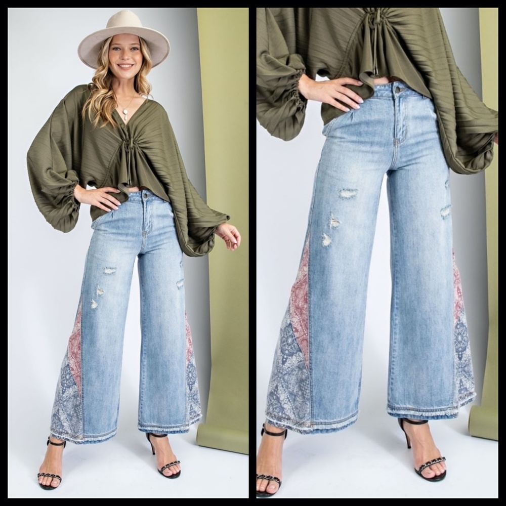 EASEL “I Got A Feeling” Light Denim Boyfriend Jeans Patchwork Details Flared Leg - Picture 4 of 14